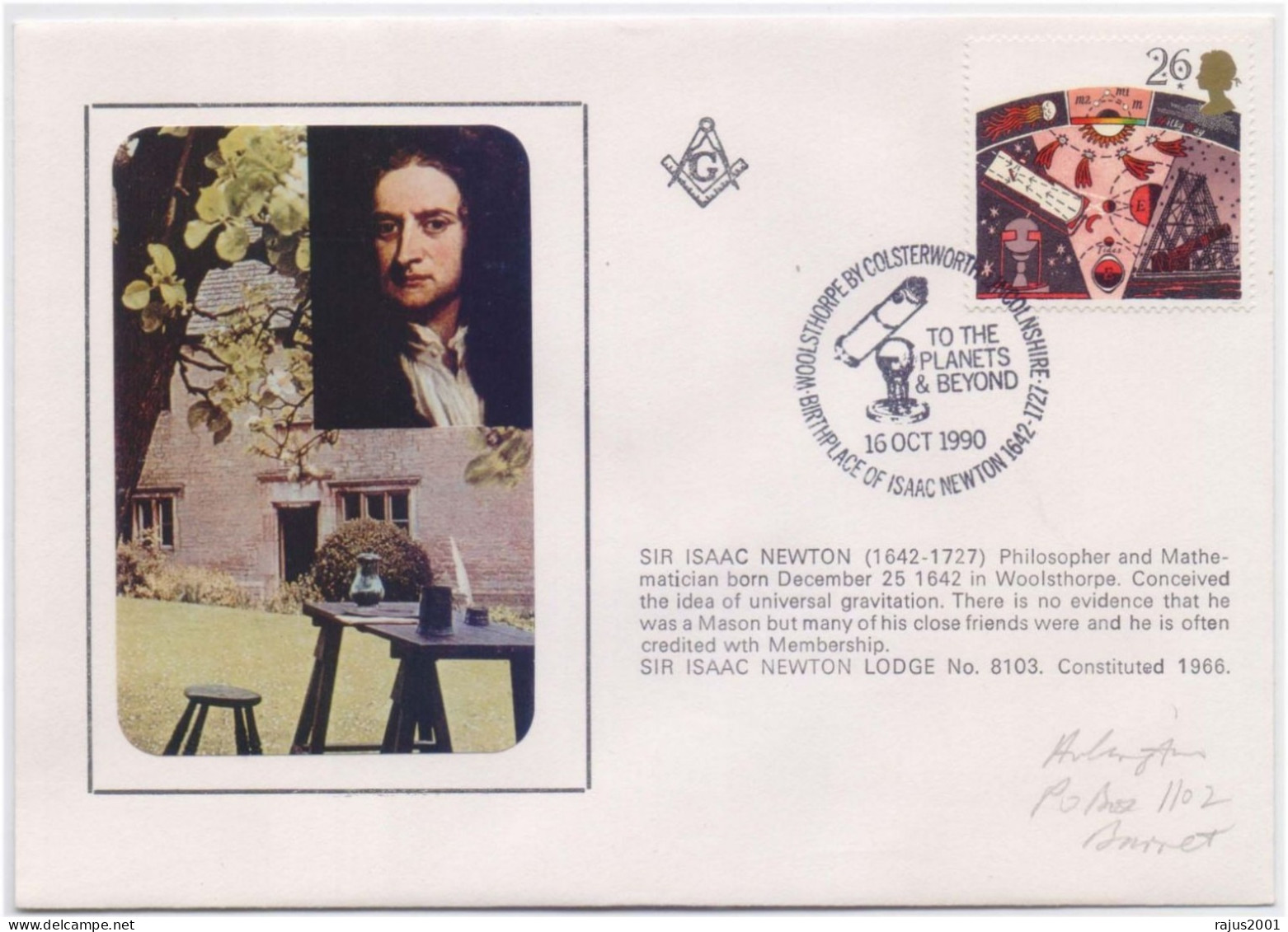 Isaac Newton Lodge No 8103, Physics, Chemistry, Astronomy, Mathematics, Telescope Philosopher, Freemasonry, Masonic, FDC - Physik