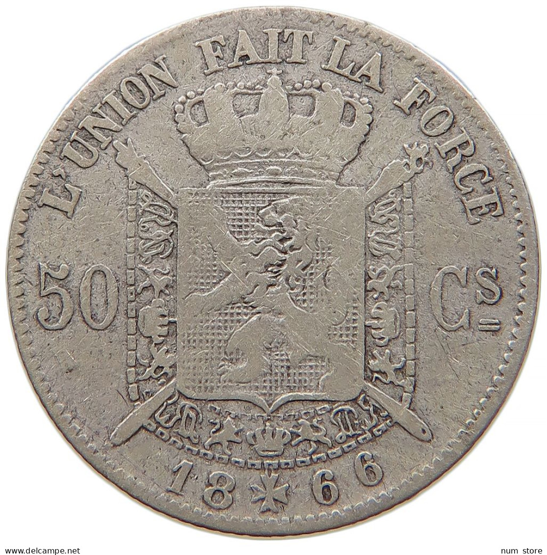 BELGIUM 50 CENTIMES 1866 #s091 0191 - 50 Centimes