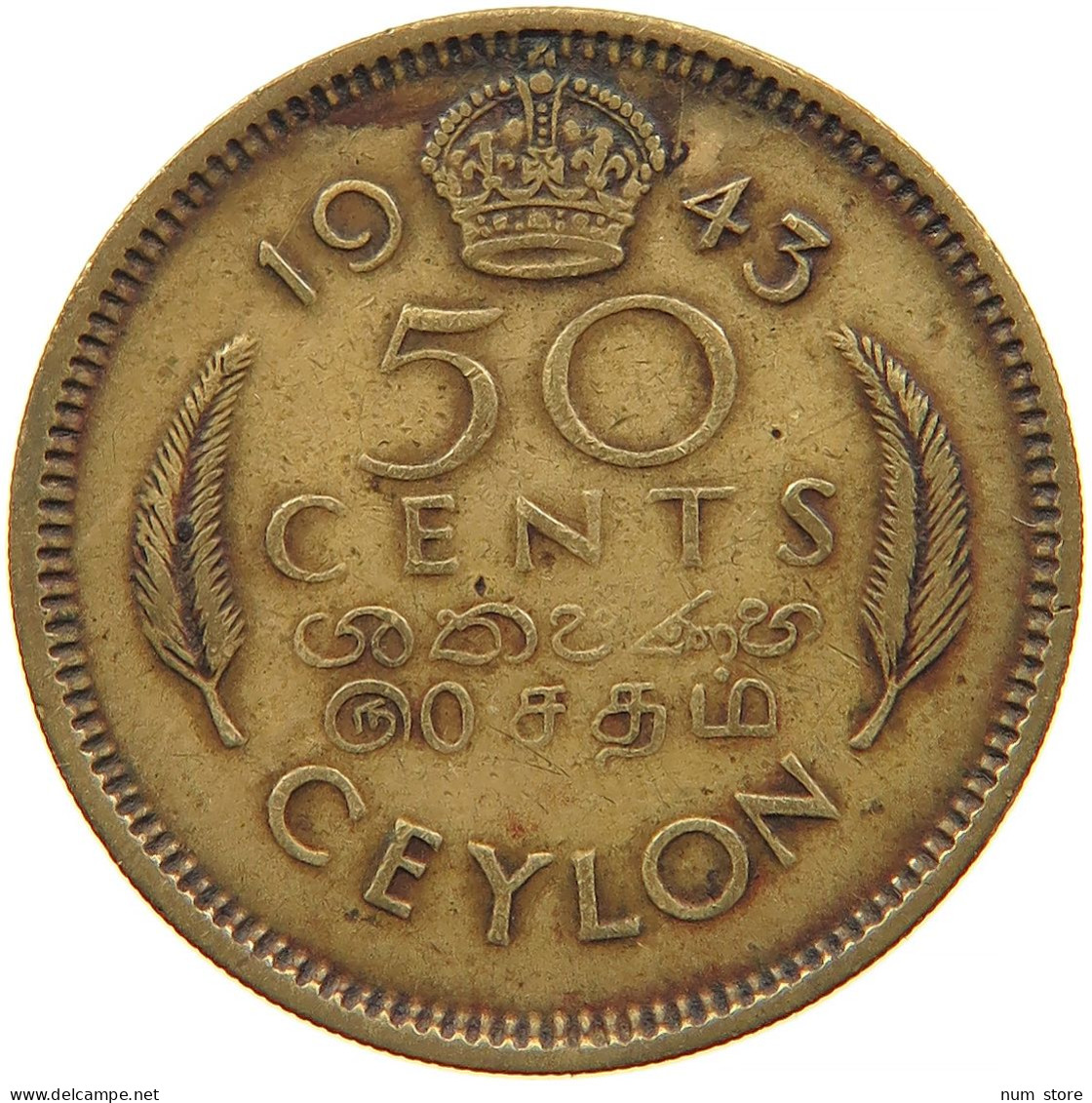 CEYLON 50 CENTS 1943 #s089 0197 - Sri Lanka
