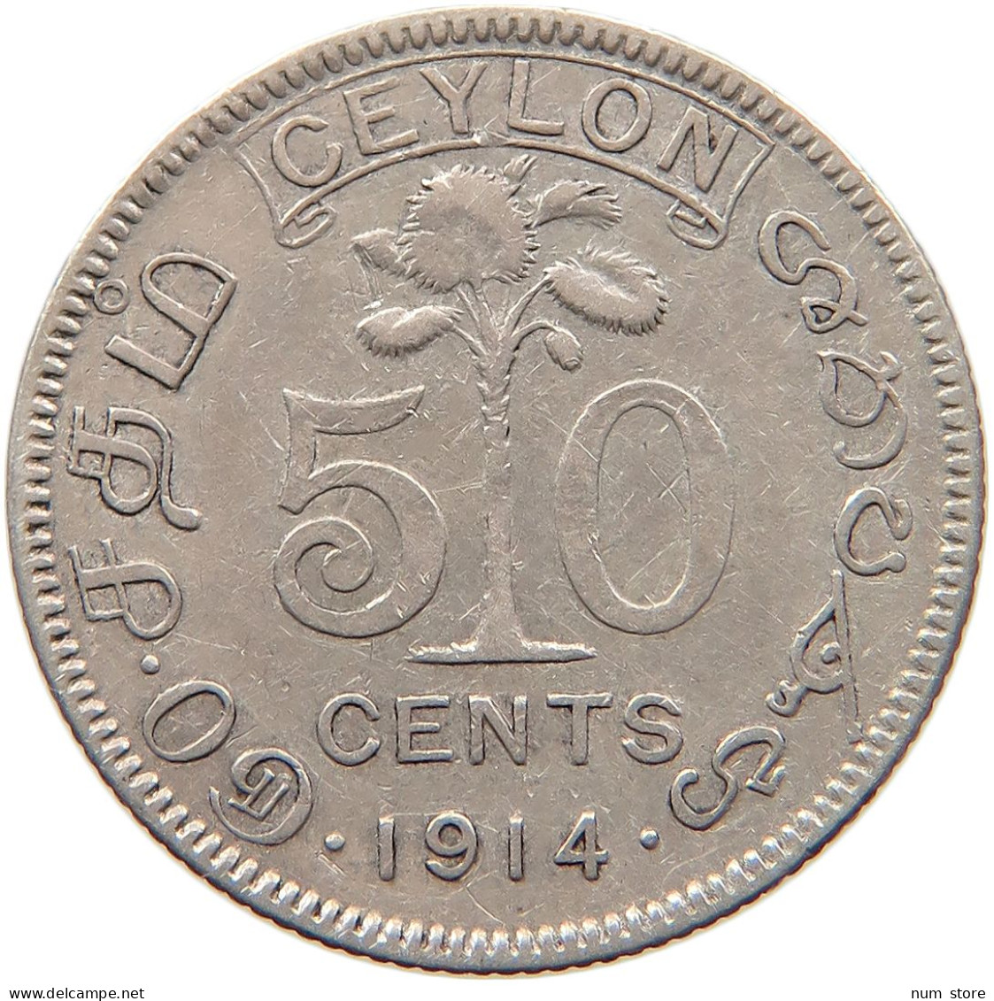 CEYLON 50 CENTS 1914 #s093 0335 - Sri Lanka