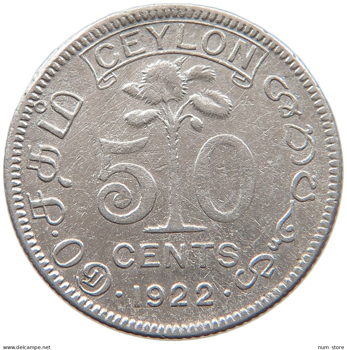 CEYLON 50 CENTS 1922 #s094 0255 - Sri Lanka (Ceylon)