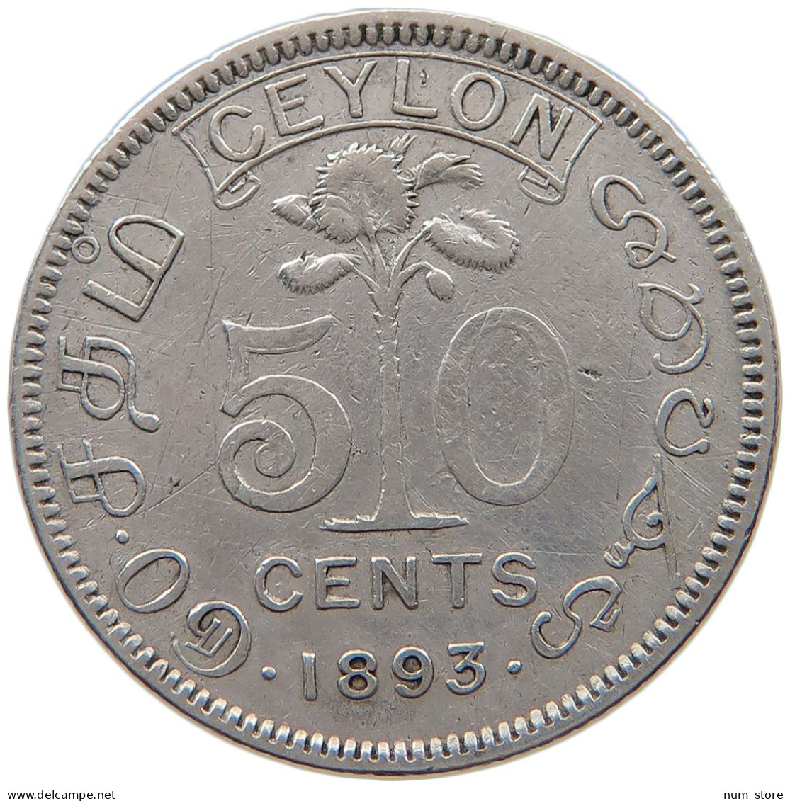 CEYLON 50 CENTS 1893 #s101 0283 - Sri Lanka