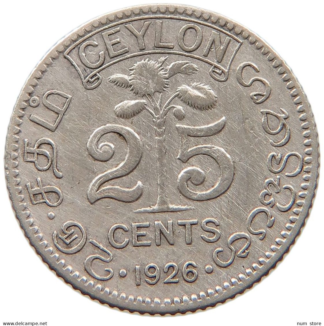 CEYLON 25 CENTS 1926 #s100 0821 - Sri Lanka