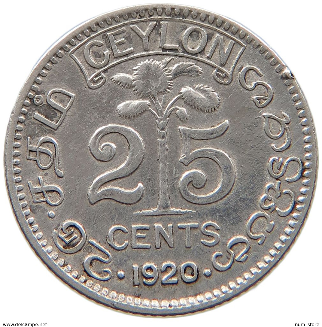 CEYLON 25 CENTS 1920 #s100 0825 - Sri Lanka