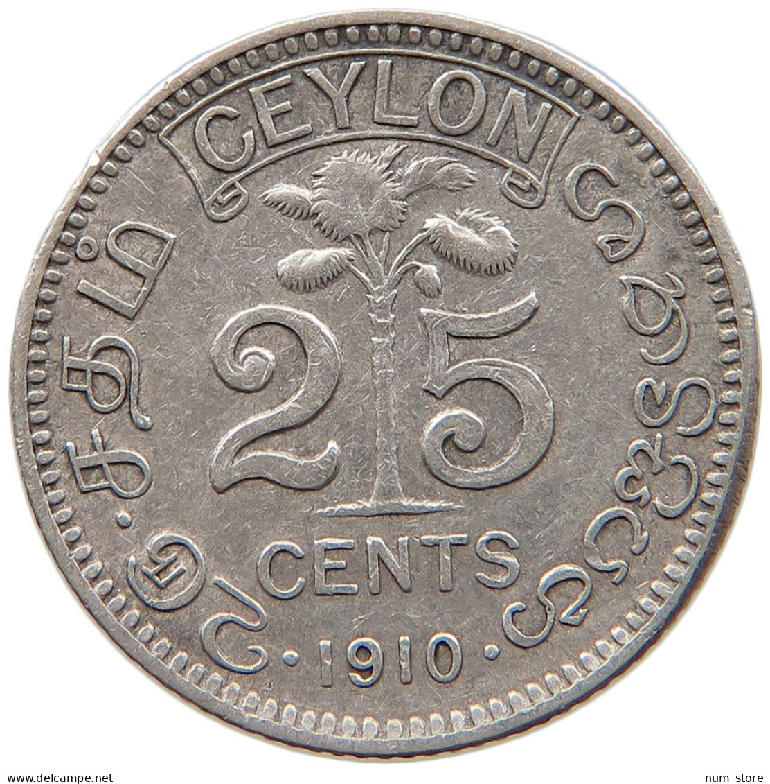 CEYLON 25 CENTS 1910 #s100 0803 - Sri Lanka