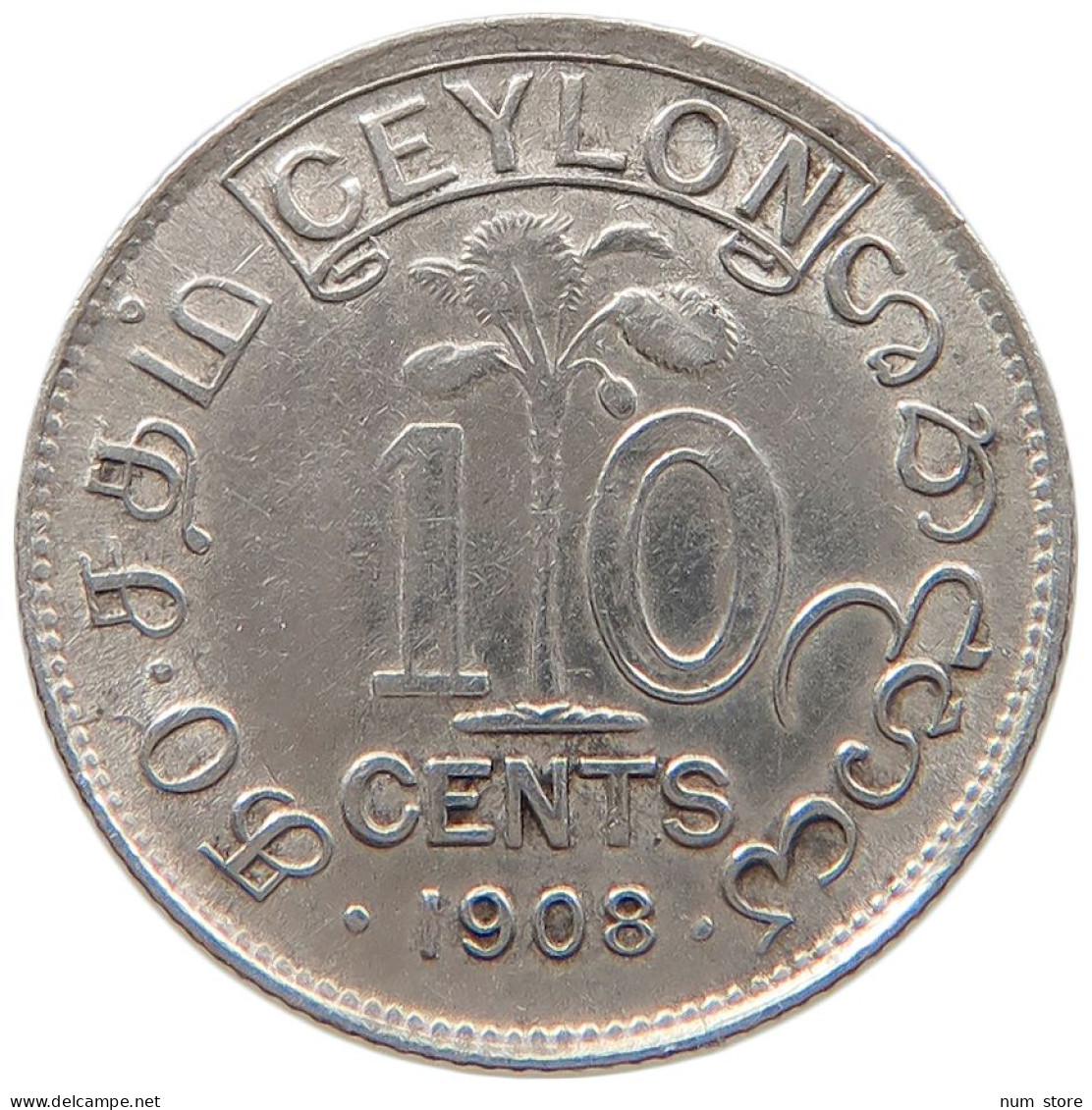 CEYLON 10 CENTS 1908 #s100 0665 - Sri Lanka