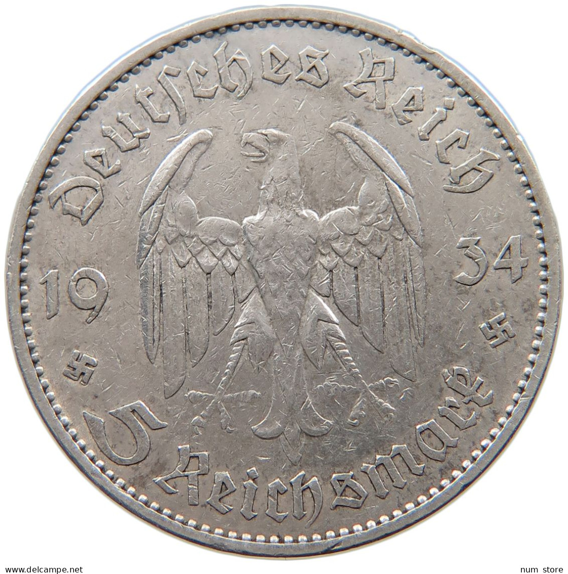 GERMANY 5 MARK 1934 A #s101 0459 - 5 Reichsmark