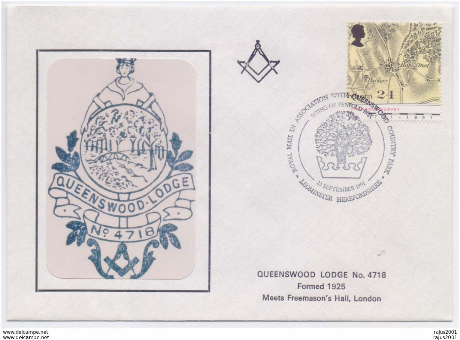 Queenswood, Queens Wood Lodge No. 4718, Map, Tree, Freemasonry Masonic Britain FDC - Vrijmetselarij