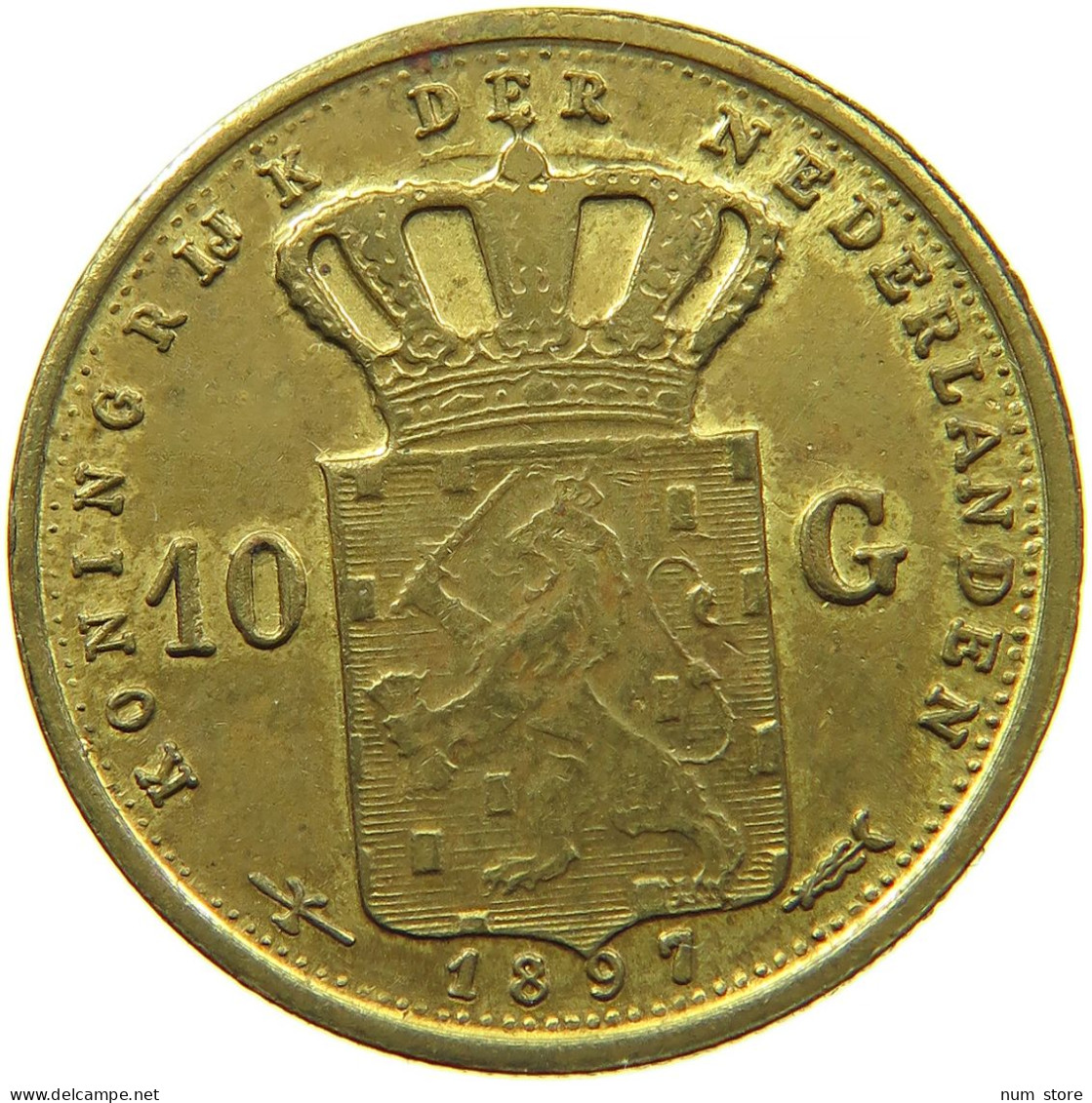 NETHERLANDS 10 GULDEN 1897 GOLD PLATED COPPER RESTRIKE COPY #s089 0077 - Verzamelingen