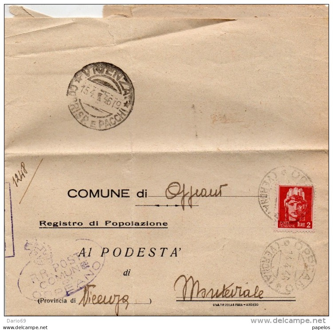 1946  LETTERA CON ANNULLO    OPPEANO VERONA - Marcophilie