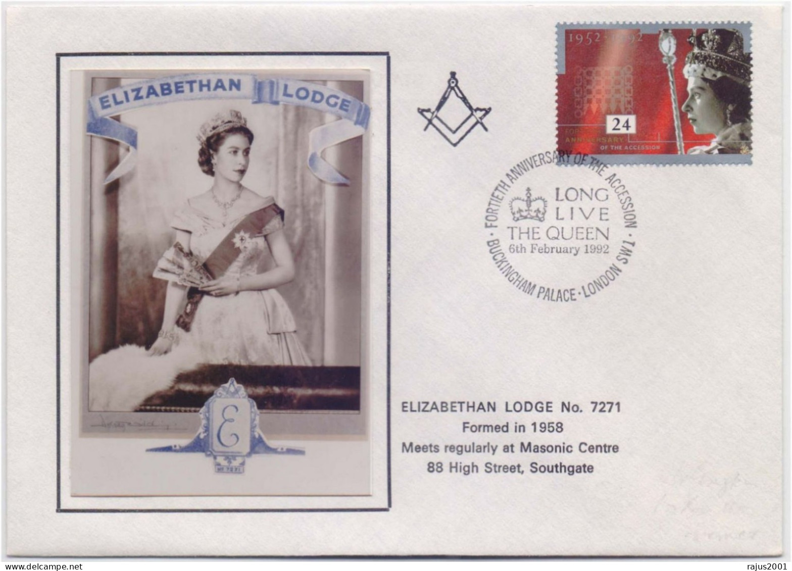 ELIZABETHAN LODGE NO 7271 FORMED IN 1958, Queen Elizabeth, Freemasonry, Masonic Limited Only 100 Cover Issued Cover - Francmasonería