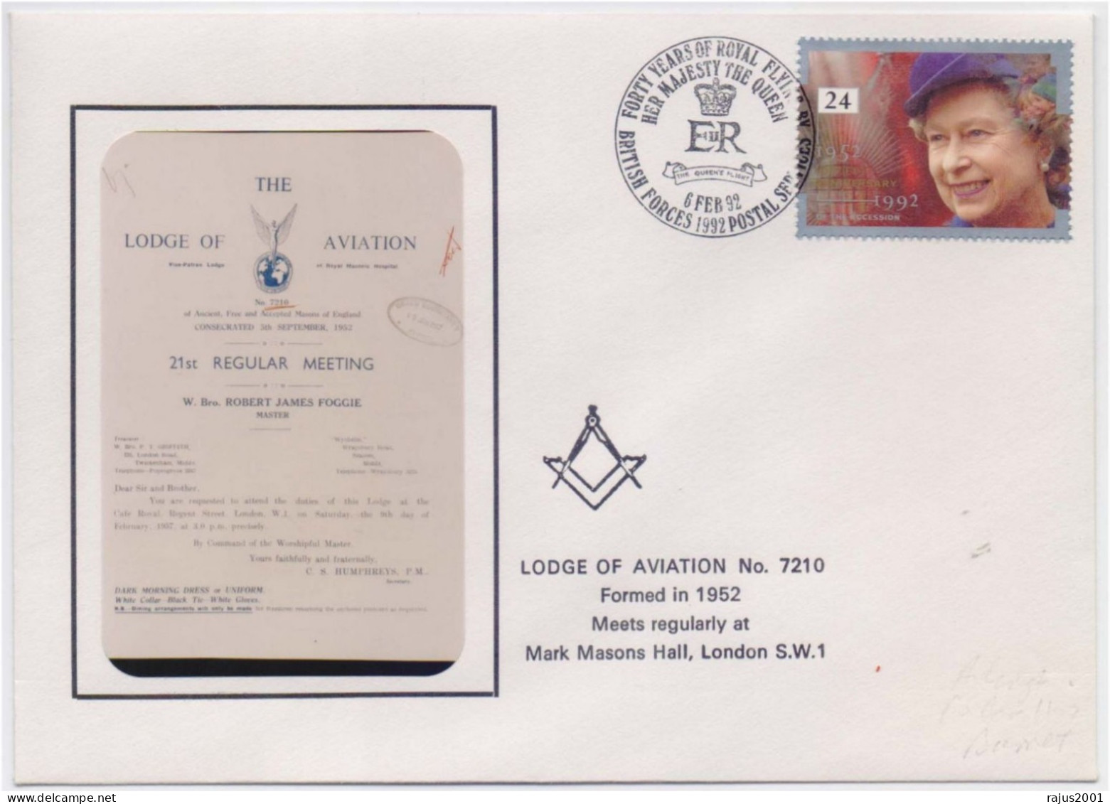 LODGE OF AVIATION No 7210, Formed In 1952, Freemasonry, Masonic Limited Only 100 Cover Issued Great Britain Cover - Francmasonería