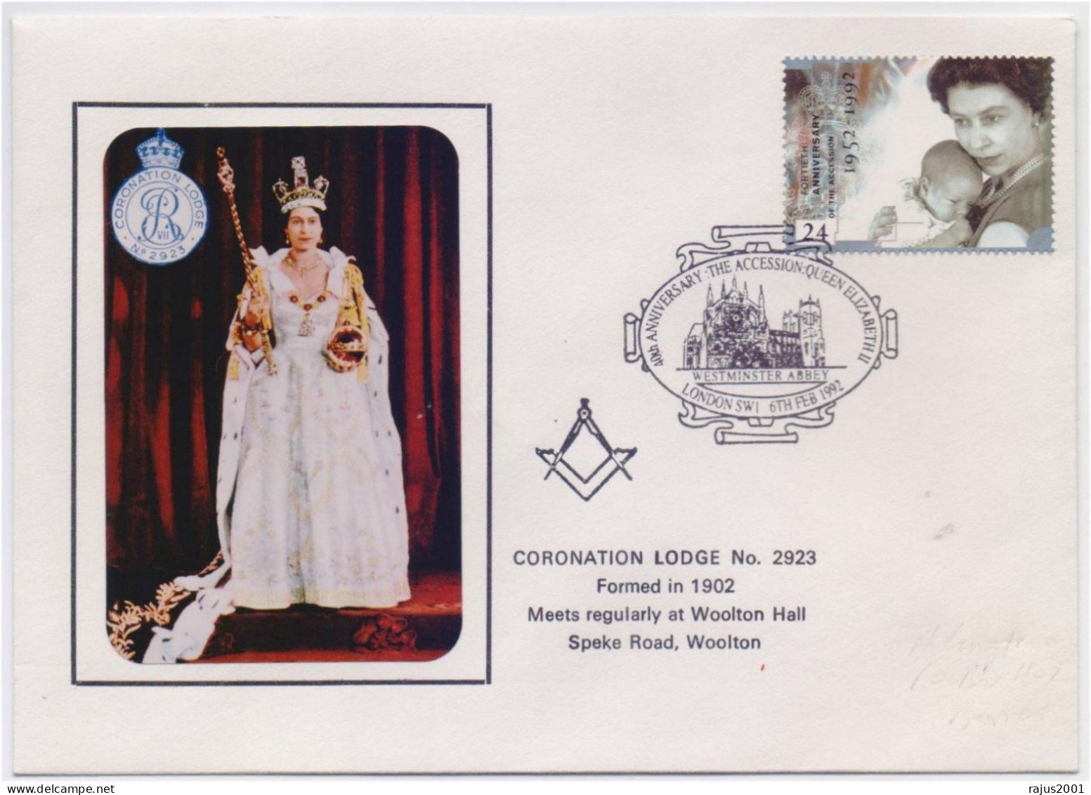 CORONATION LODGE NO 2923, FORMED IN 1902, Queen Elizabeth II, Freemasonry, Masonic Limited Only 100 Cover Issued Cover - Francmasonería