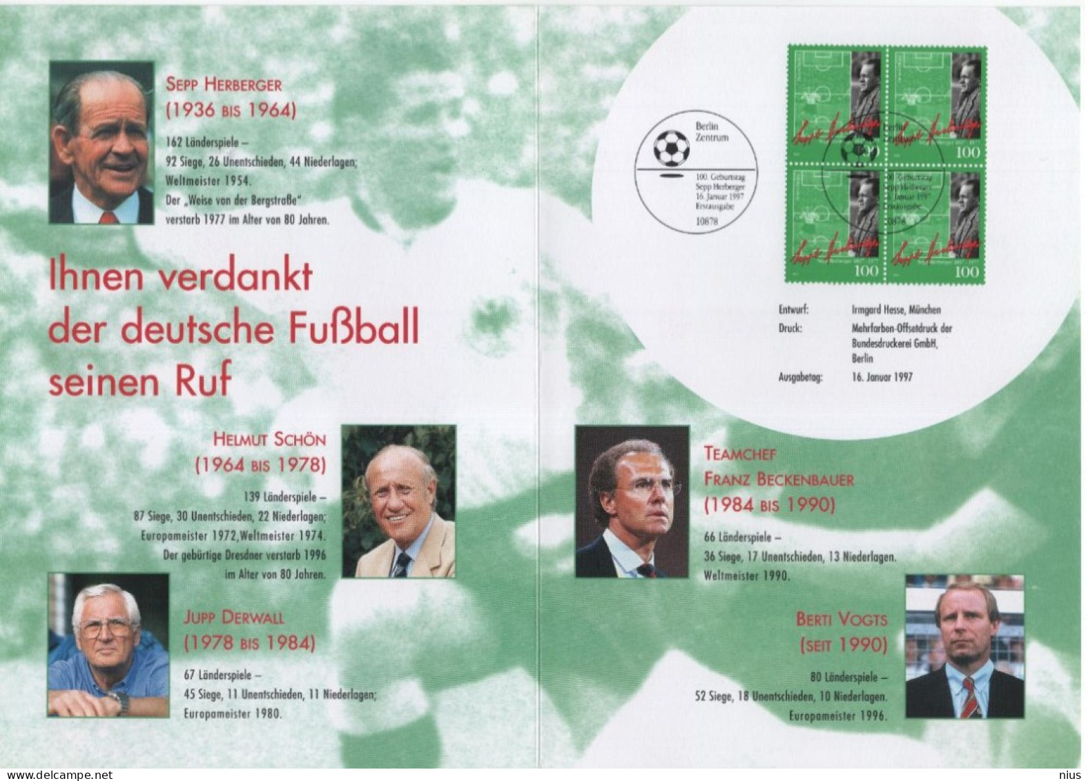 Germany Deutschland 1997 Fußball Football Player Sepp Herberger, Canceled In Berlin - 1991-2000