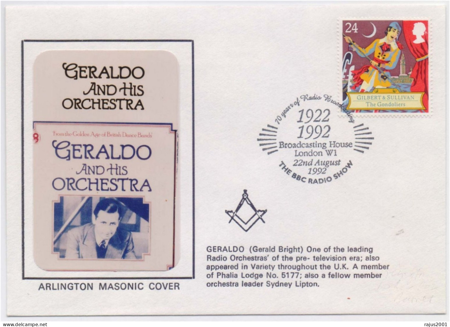 GERALDO, RADIO ORCHESTRA, PHALIA LODGE NO 5177, Freemasonry, Masonic Limited Only 100 Cover Issued Great Britain Cover - Freemasonry