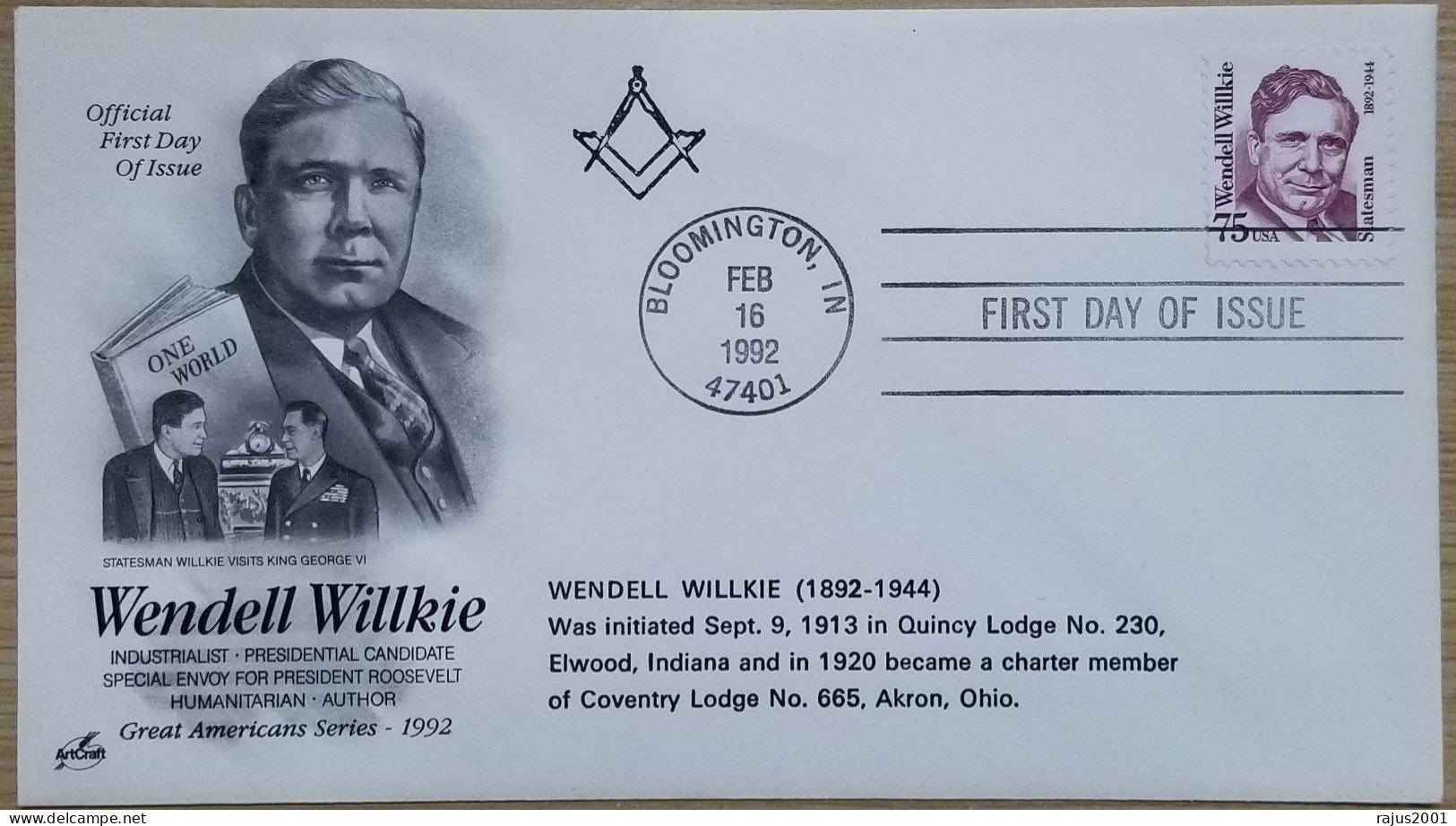 Wendell Willkie, Quincy Lodge No 230, King George VI, Freemasonry, Masonic Very Limited Only 100 Cover Made With Signed - Francmasonería