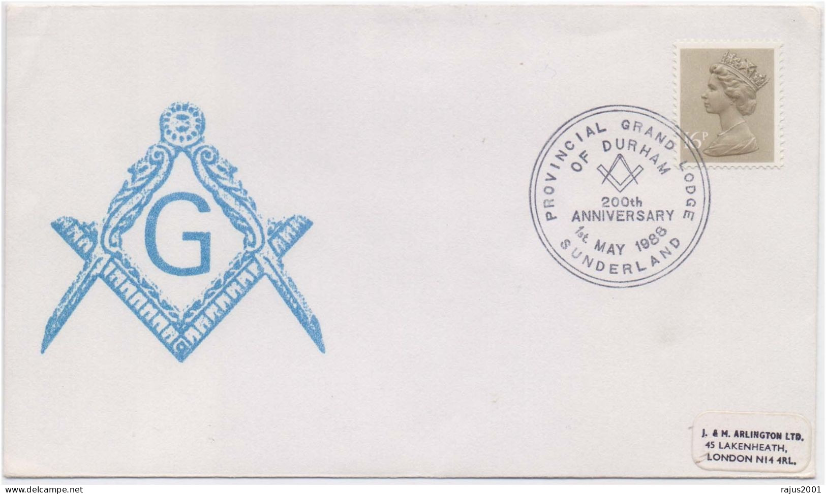 200th Anniversary Of Provincial Grand Lodge Of Durham Freemasonry, Pure Masonic Cover 1988 Great Britain - Vrijmetselarij