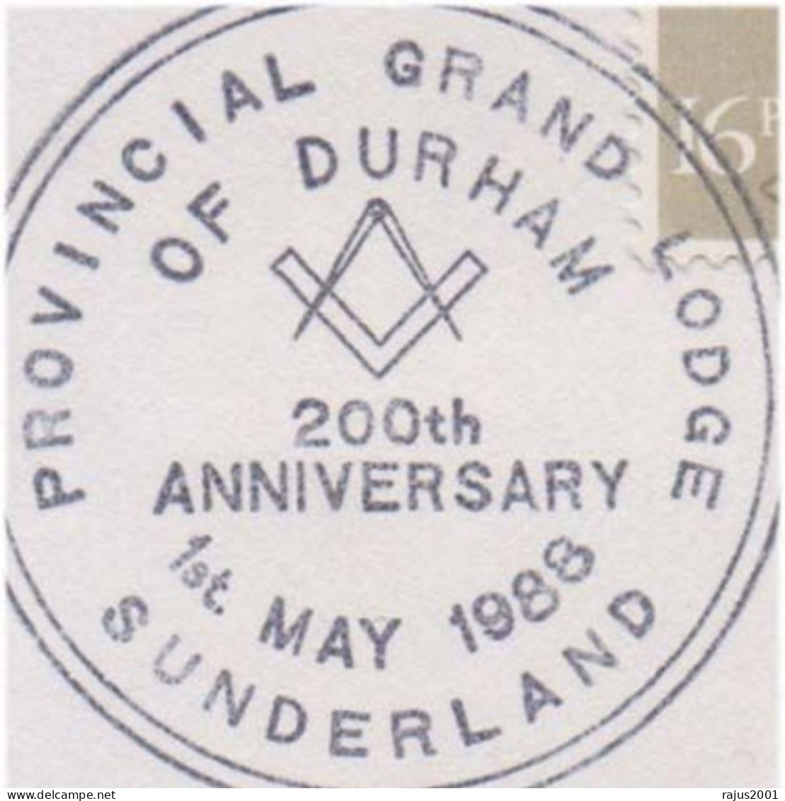 200th Anniversary Of Provincial Grand Lodge Of Durham Freemasonry, Pure Masonic Cover 1988 Great Britain - Francmasonería