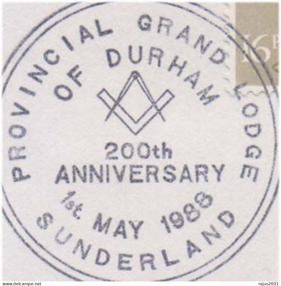 200th Anniversary Of Provincial Grand Lodge Of Durham Freemasonry, Pure Masonic Cover 1988 Great Britain - Freimaurerei