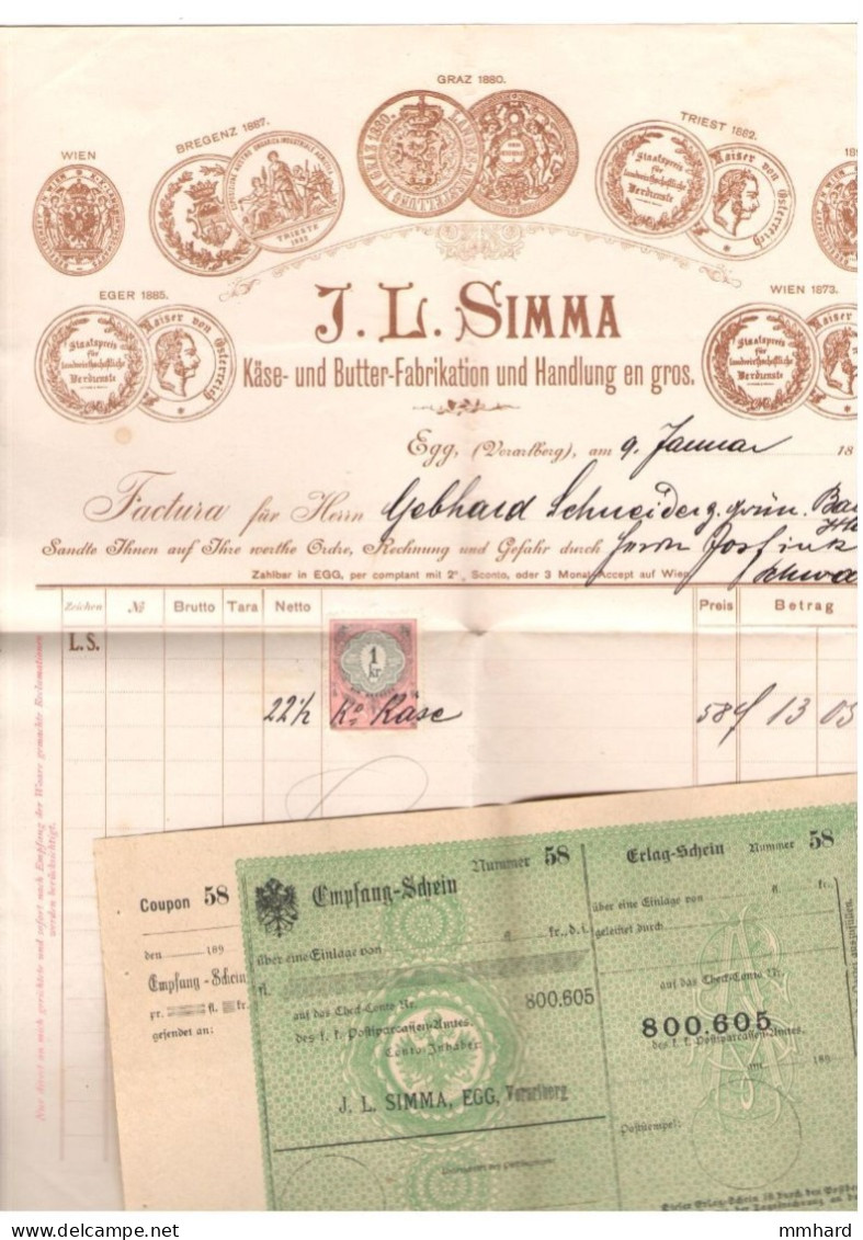 Rechnung J.L.Simma Egg Vorarlberg 1918 Mit Stempelmarke1 KR Und  Erlagschein Vordruck Käse Und Butter Fab. - Austria