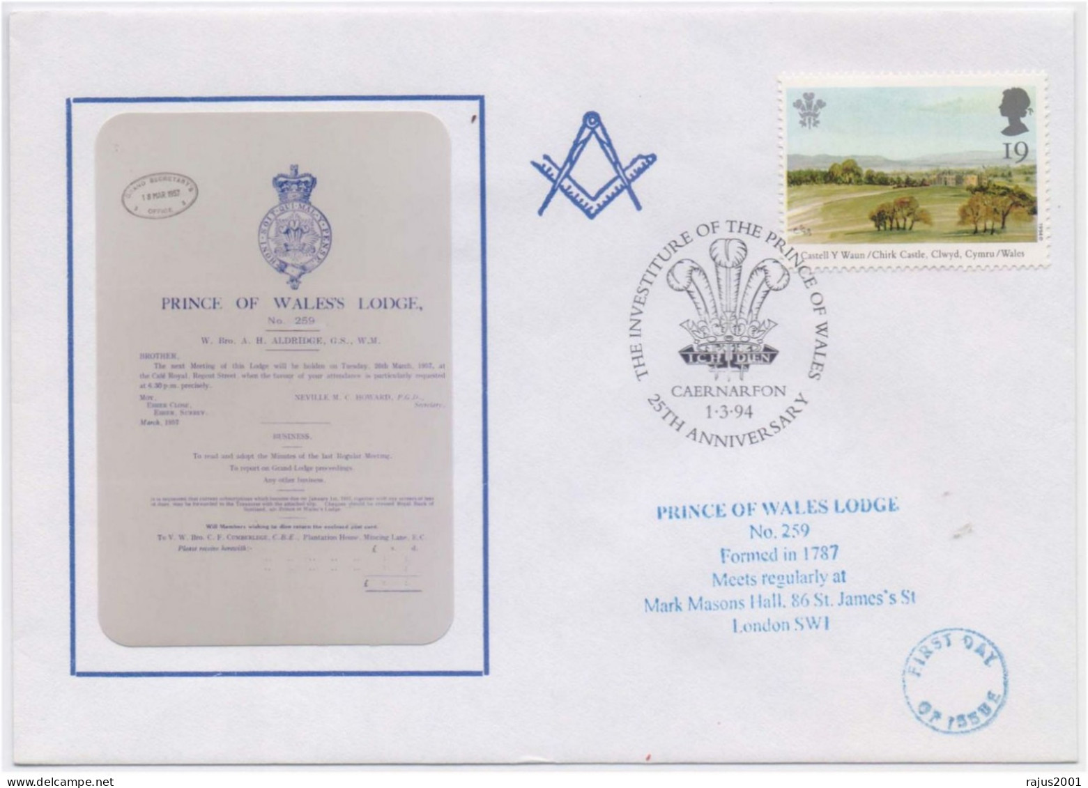 PRINCE OF WALES LODGE NO 259, FORMED IN 1787, Freemasonry Masonic Limited Only 75 Cover Issued Great Britain Cover - Freimaurerei