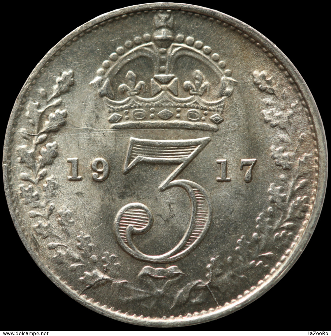 LaZooRo: Great Britain 3 Pence 1917 UNC Die Crack - Silver - F. 3 Pence