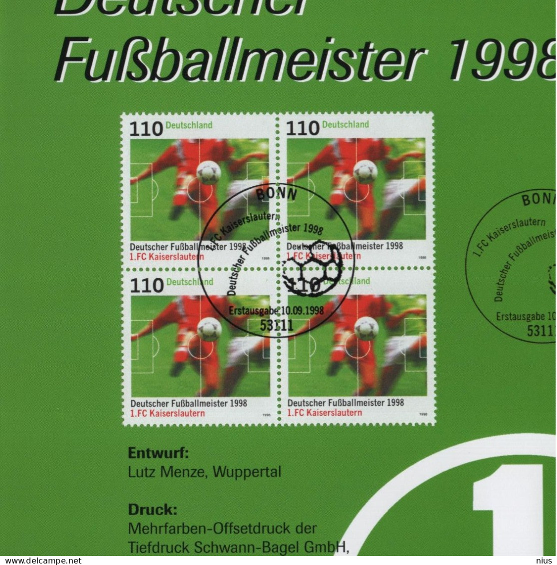 Germany Deutschland 1998 Fußball Football FC Kaiserslautern, Canceled In Bonn - 1991-2000