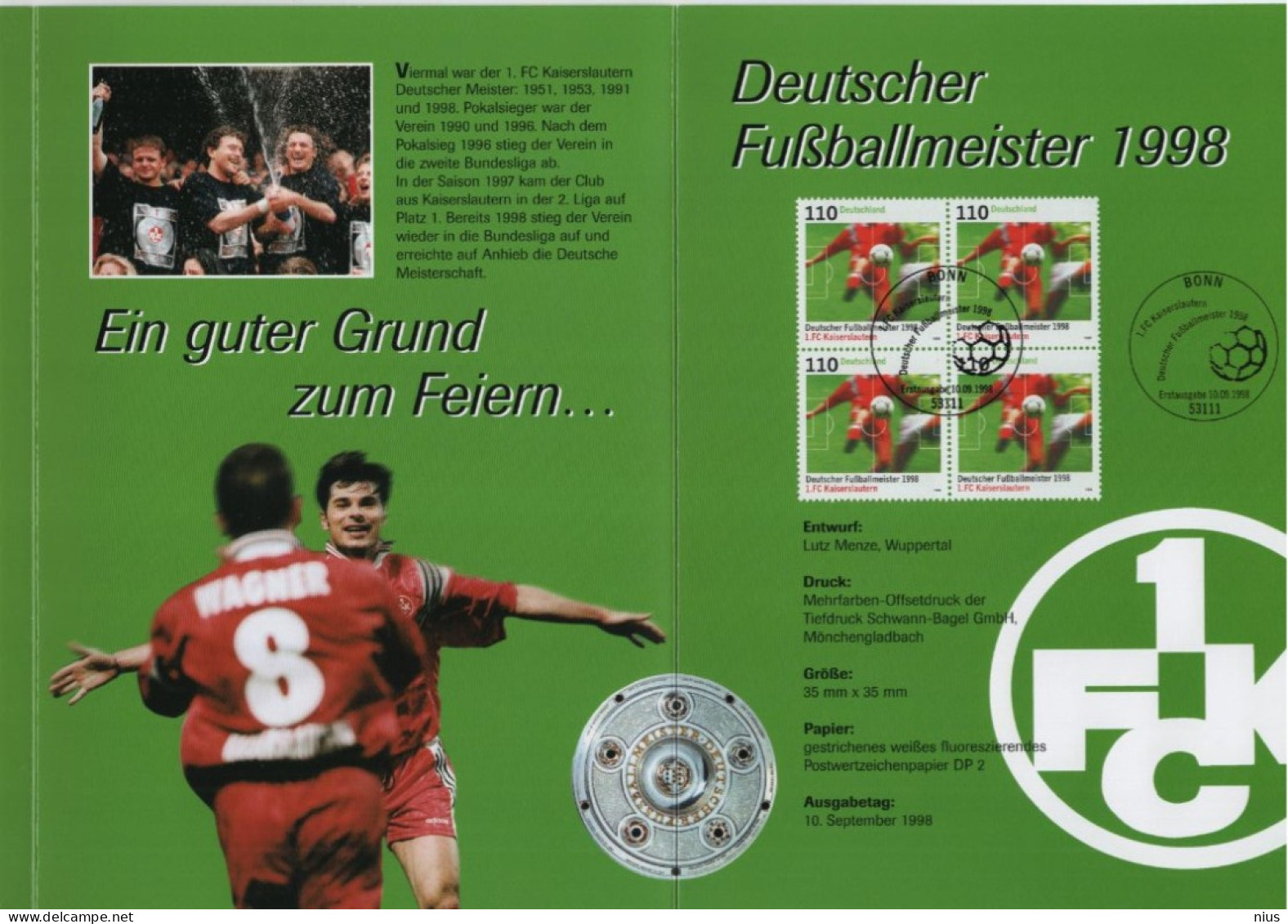 Germany Deutschland 1998 Fußball Football FC Kaiserslautern, Canceled In Bonn - 1991-2000