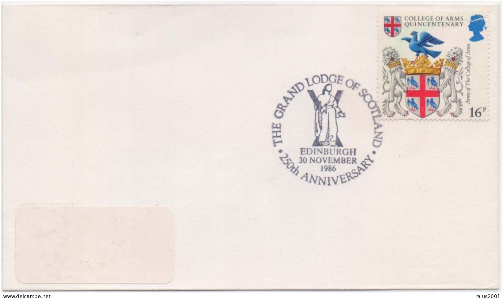 The Grand Lodge Of Scotland 25th Anniversary, Freemasonry, Masonic Great Britain Cover 1986 - Vrijmetselarij