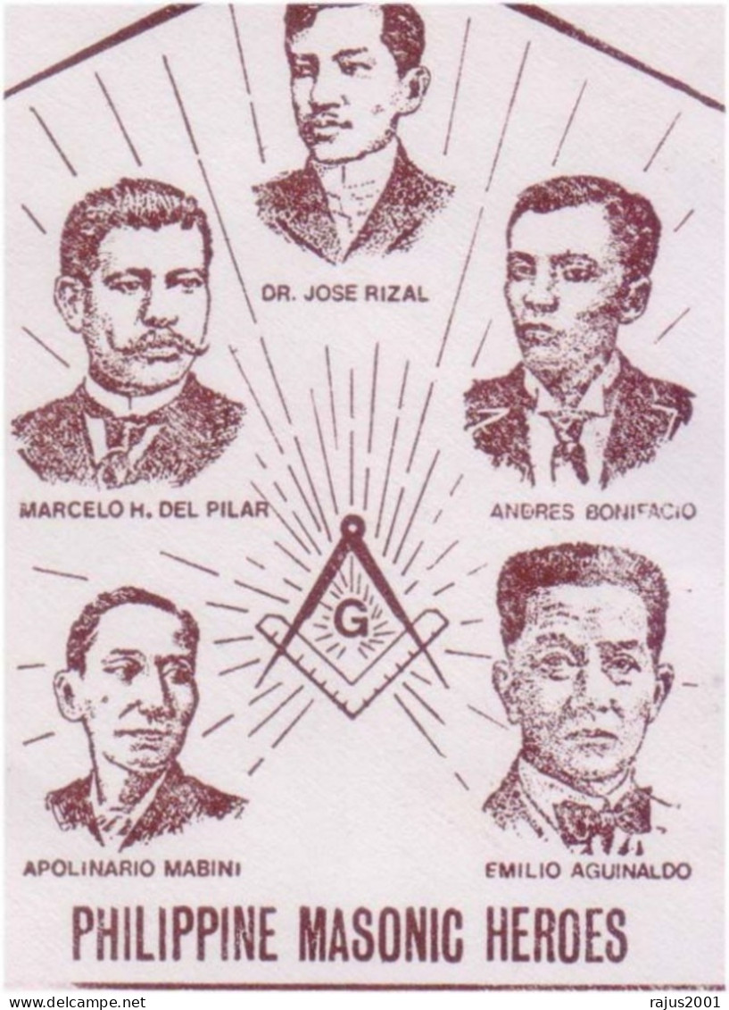 Masonic Heroes, Rizal, Marcelo H Del Pilar, Masonry Builds Its Temple In The Heart Of Men, Freemasonry FDC Philippines - Vrijmetselarij