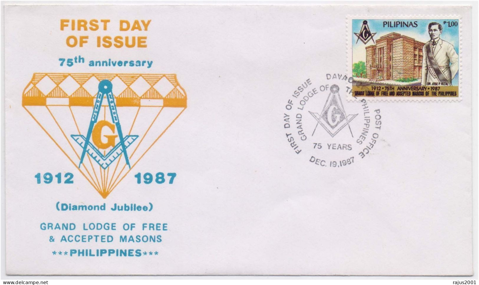 Grand Masonic Lodge Of Free & Accepted Masons Of Philippines, Freemasonry, Dr Jose P Rizal, Physician, FDC Philippines - Freemasonry