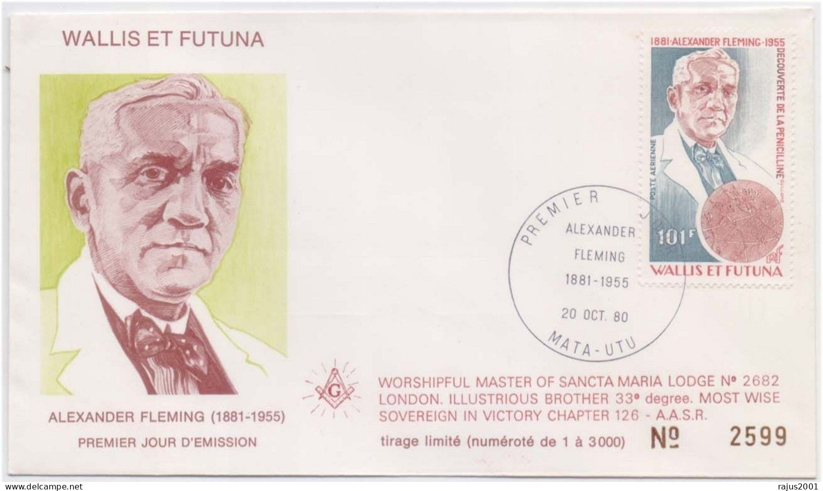 Alexander Fleming Isolates Penicillin Mold, Master Of Sancta Maria Lodge Freemasonry, Masonic, Wallis And Futuna Cover - Vrijmetselarij