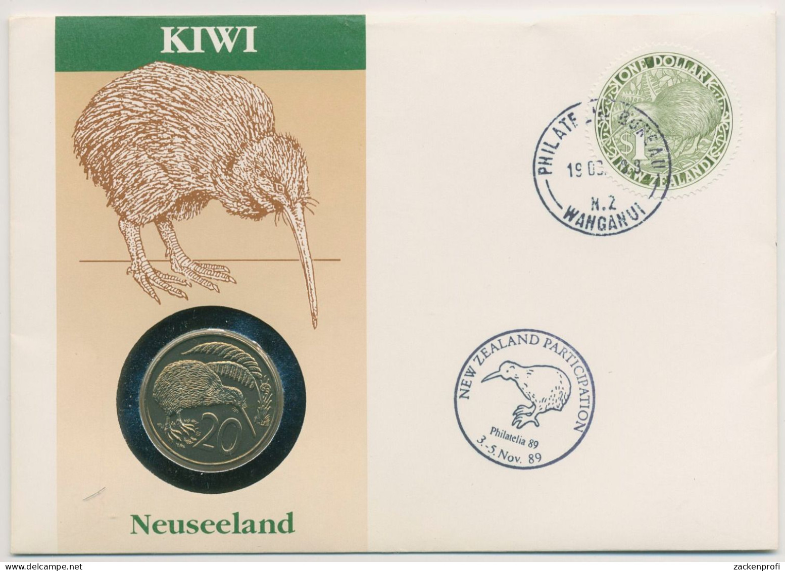 Neuseeland 1989 Tiere Kiwi Numisbrief 20 Cent (N417) - Nuova Zelanda