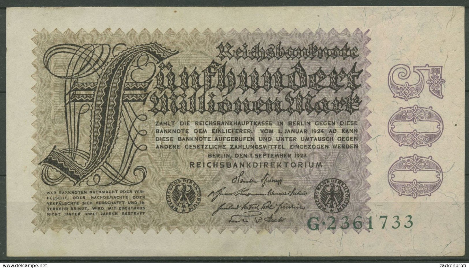 Dt. Reich 500 Millionen Mark 1923, DEU-124, Leicht Gebraucht (K1176) - 500 Mio. Mark