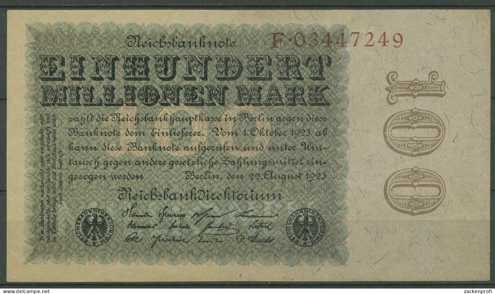 Dt. Reich 100 Millionen Mark 1923, DEU-119a Serie F, Leicht Gebraucht (K1180) - 100 Millionen Mark