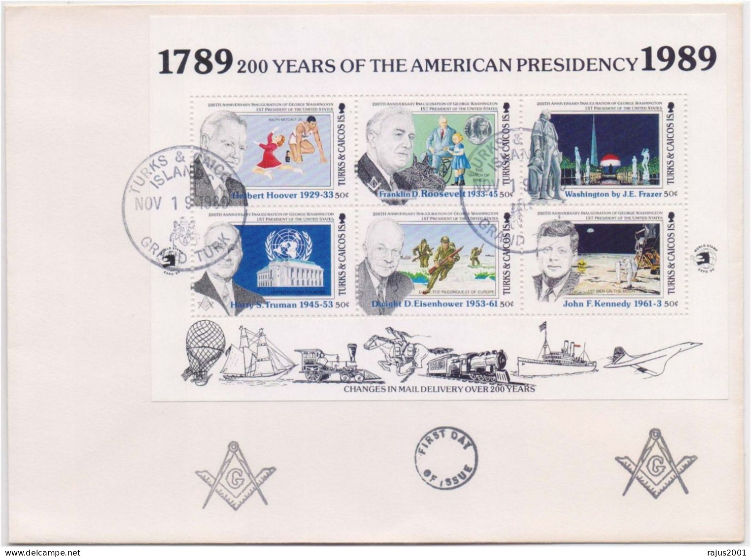 Harry S. Truman, John F. Kennedy, Roosevelt, Belton Lodge No 450, Freemasonry, Masonic, Turks & Caicos Full Sheet Cover - Francmasonería