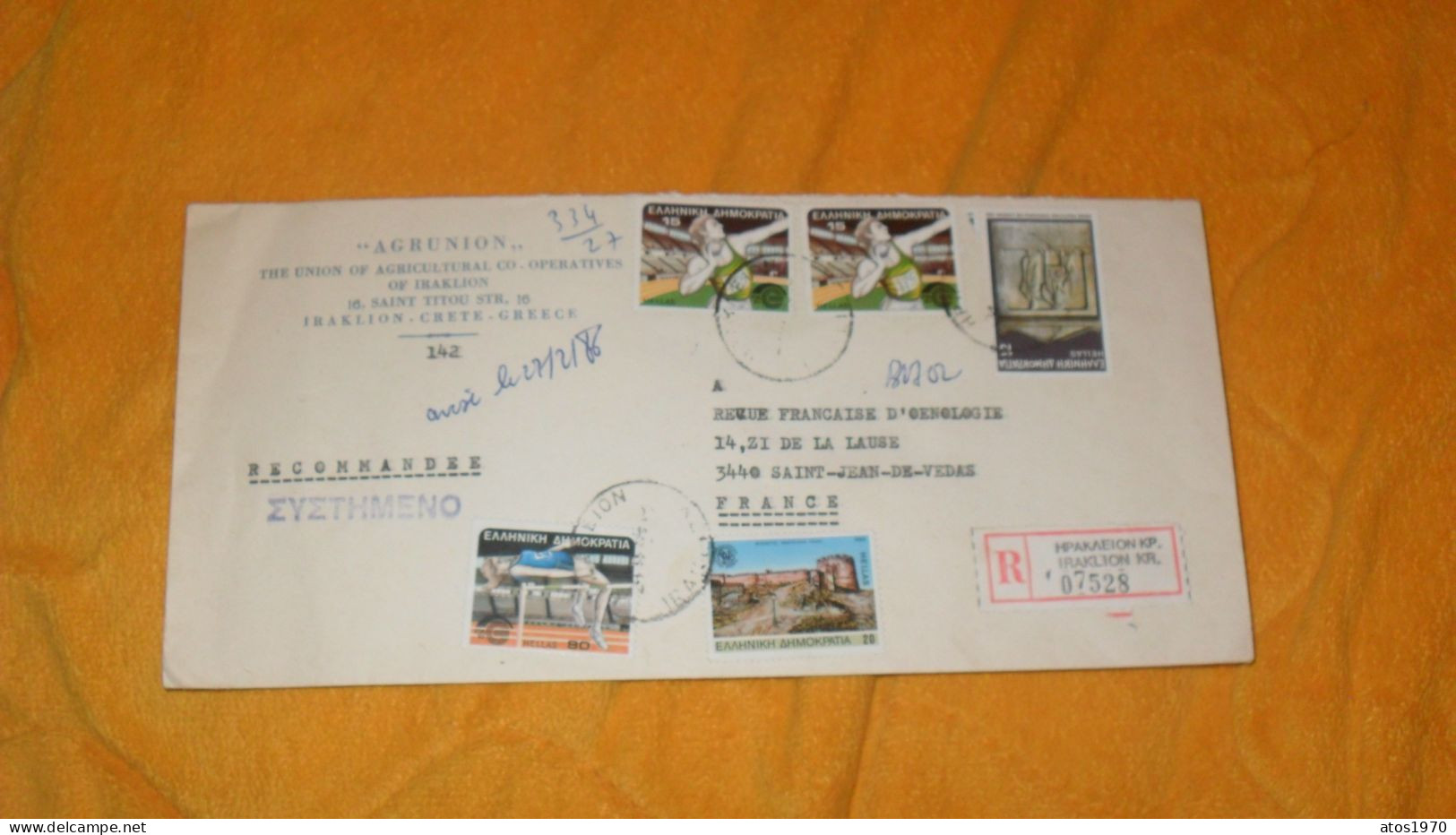 ENVELOPPE DE 1986 ../ AGRUNION CRETE...RECOMMANDE GRECE...CACHETS IRAKLION POUR SAINT JEAN DE VEDAS FRANCE + TIMBRES X5 - Briefe U. Dokumente