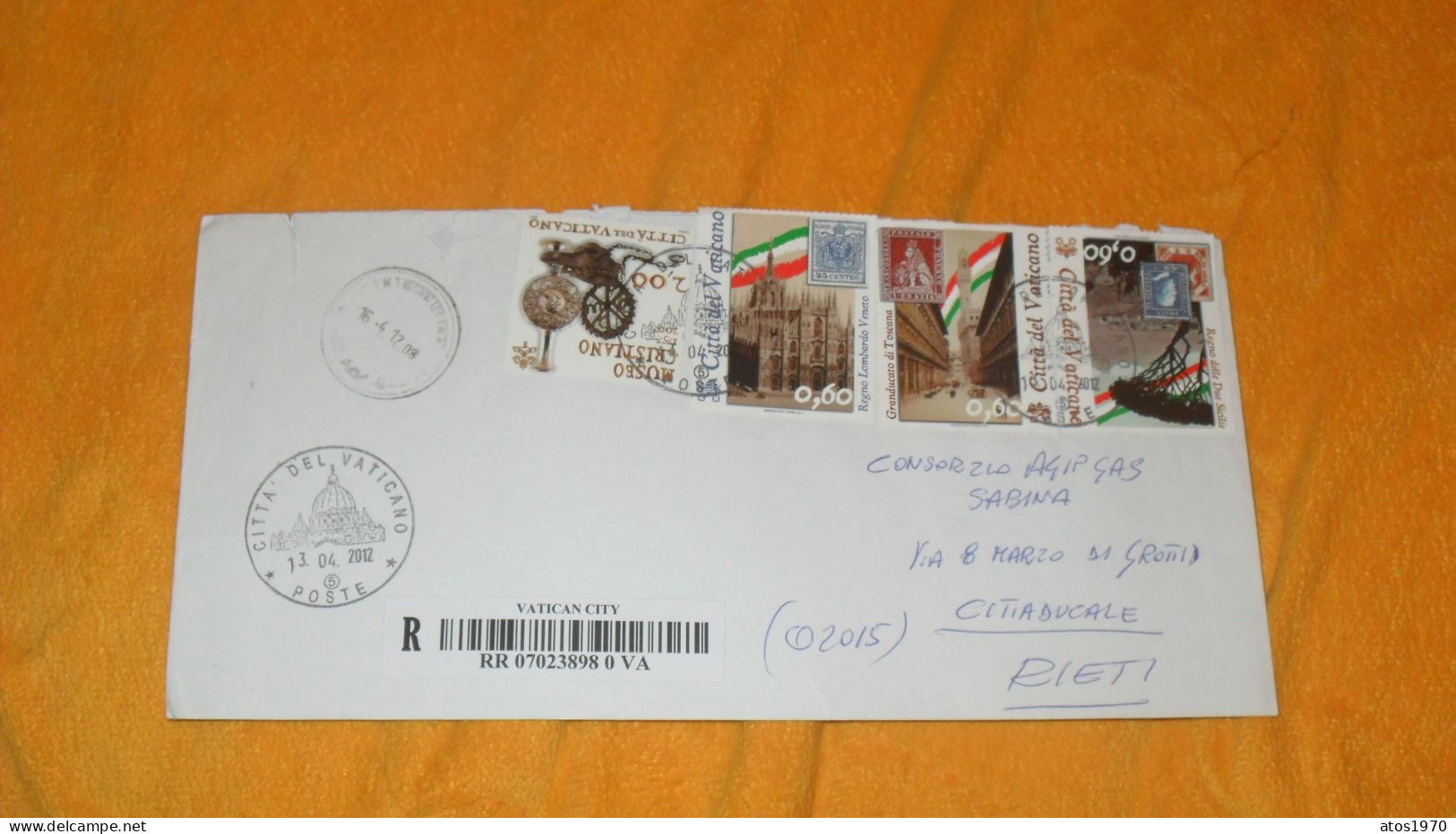 ENVELOPPE DE 2012 ../ CACHETS CITTA DEL VATICANO POSTE + RECOMMANDE POUR CITTADUCALE RIETI + TIMBRES X4 - Lettres & Documents