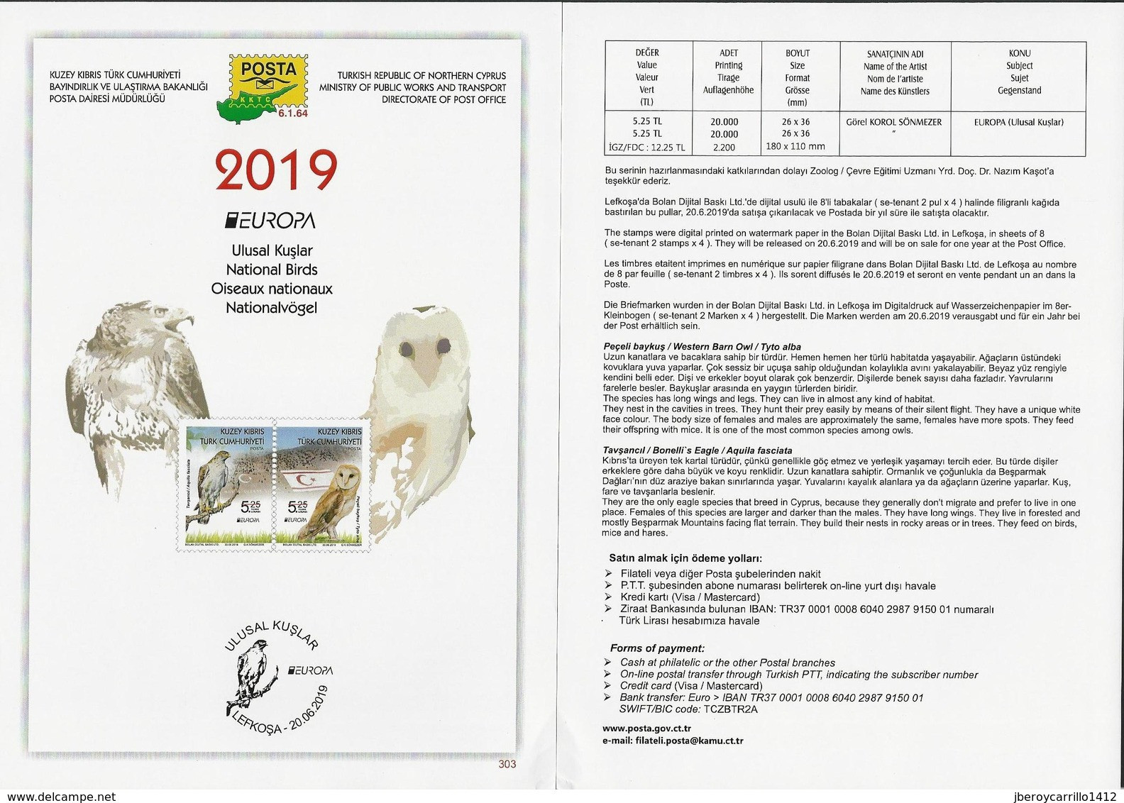 CHIPRE TURCO /TURKISH CYPRUS /TÜRKISCH ZYPERN  -EUROPA 2019 -NATIONAL BIRDS.-"AVES-BIRDS-VÖGEL-OISEAUX"- FOLLETO EMISION - 2019