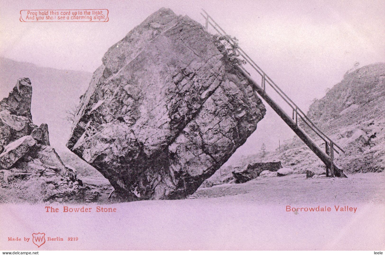 BX29. Vintage Purple Postcard. Bowder Rock. Borrowdale Valley. Cumberland - Borrowdale