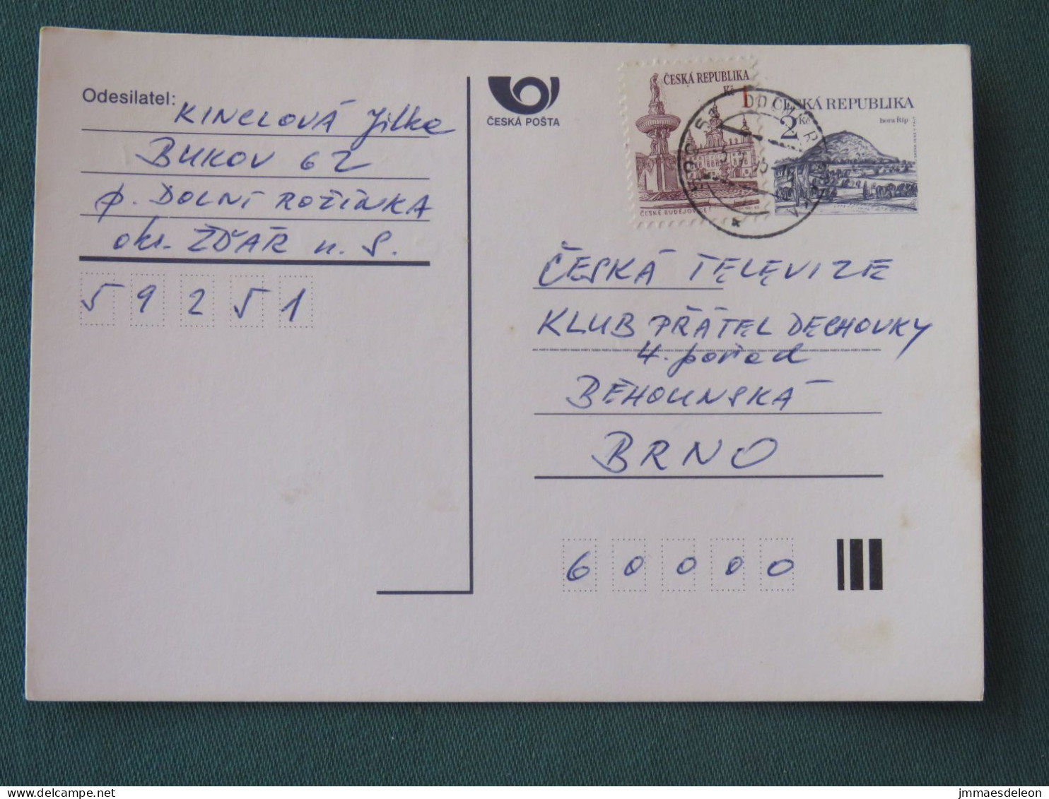 Czech Republic 1995 Stationery Postcard Hora Rip Mountain Sent Locally - Covers & Documents