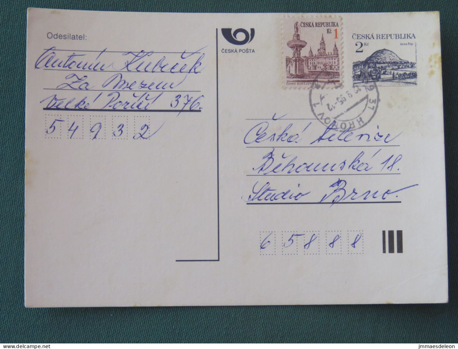 Czech Republic 1995 Stationery Postcard Hora Rip Mountain Sent Locally - Briefe U. Dokumente