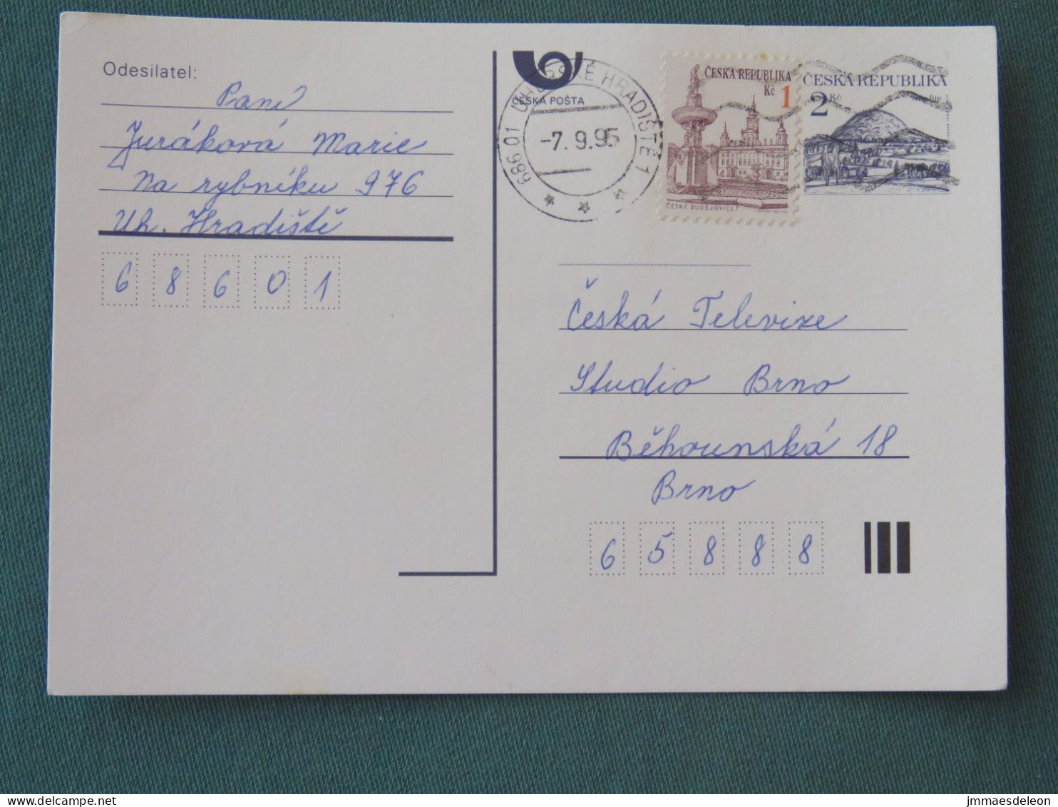 Czech Republic 1995 Stationery Postcard Hora Rip Mountain Sent Locally - Covers & Documents