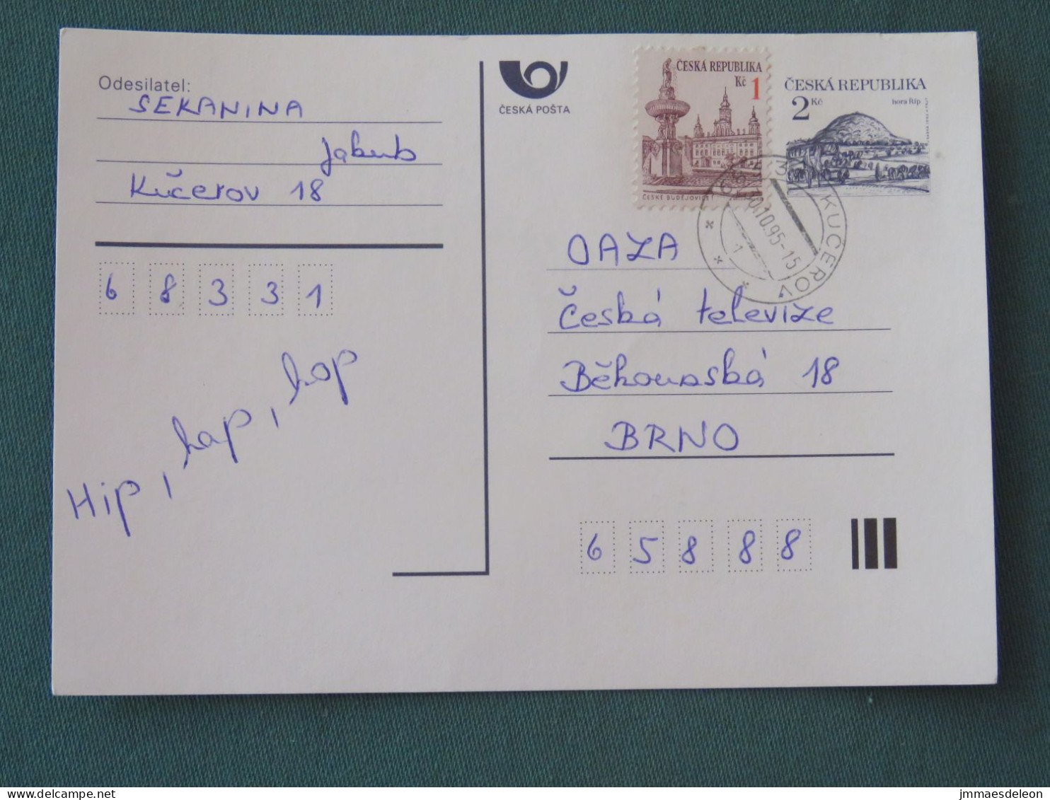 Czech Republic 1995 Stationery Postcard Hora Rip Mountain Sent Locally - Storia Postale