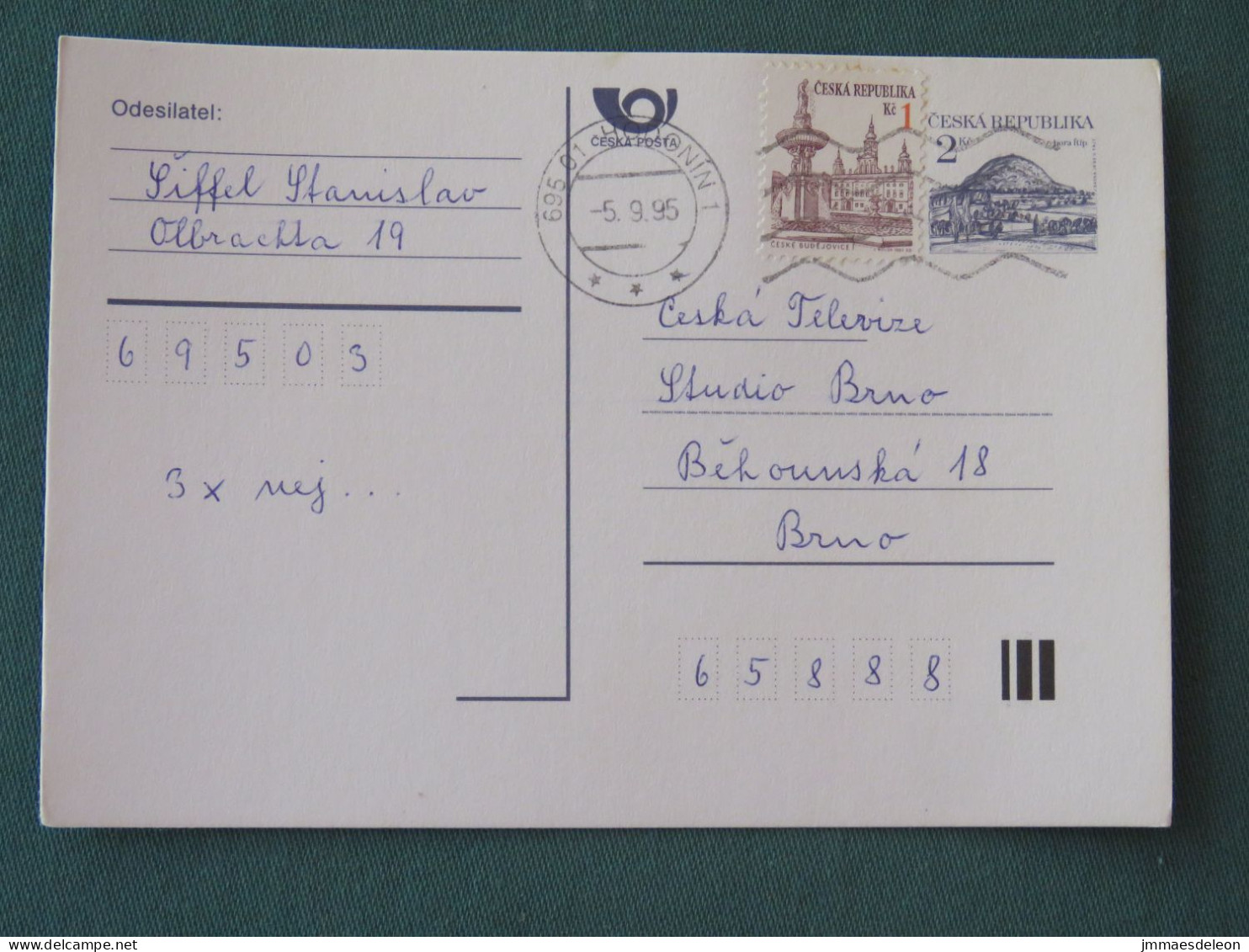 Czech Republic 1995 Stationery Postcard Hora Rip Mountain Sent Locally - Covers & Documents