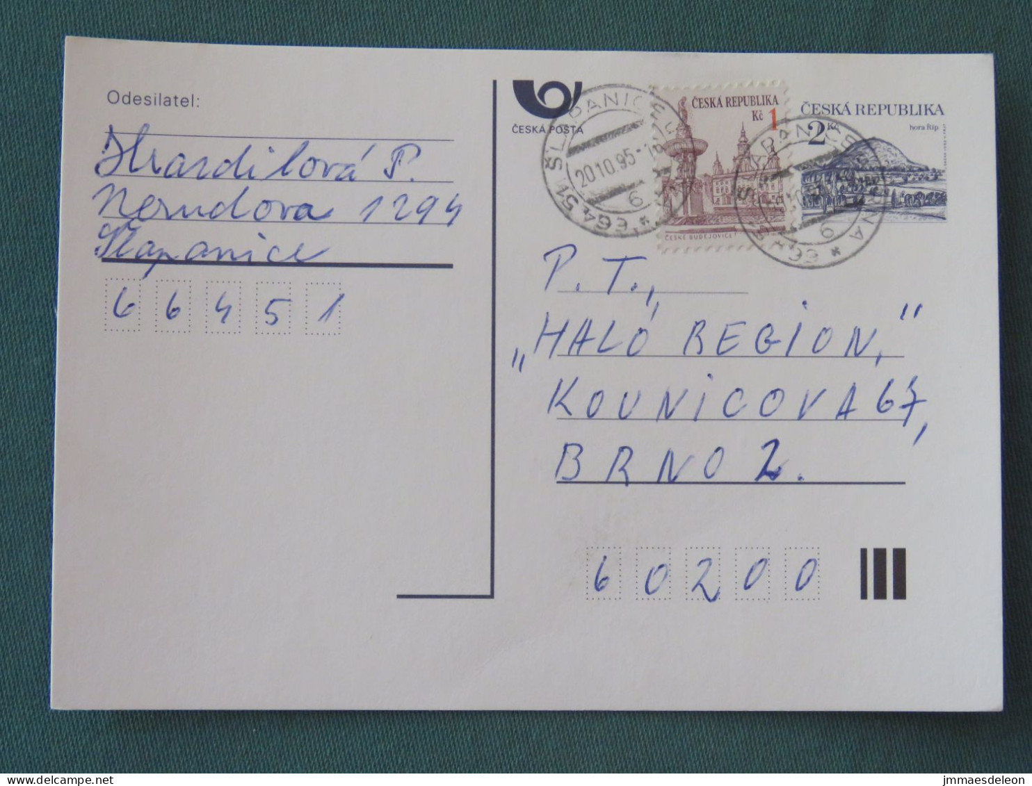 Czech Republic 1995 Stationery Postcard Hora Rip Mountain Sent Locally - Lettres & Documents