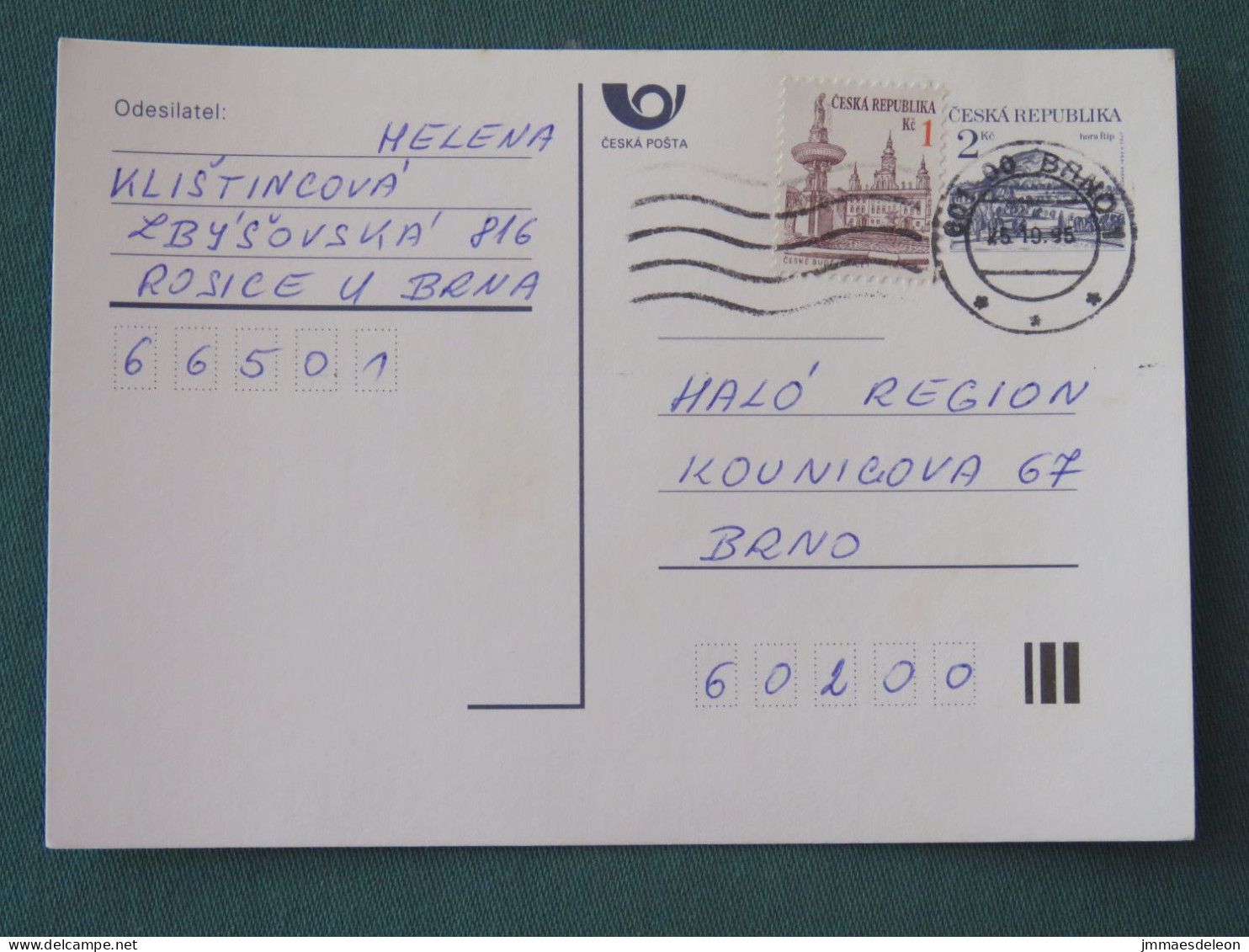 Czech Republic 1995 Stationery Postcard Hora Rip Mountain Sent Locally - Brieven En Documenten