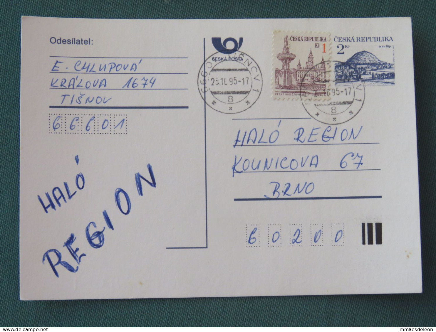 Czech Republic 1995 Stationery Postcard Hora Rip Mountain Sent Locally - Briefe U. Dokumente