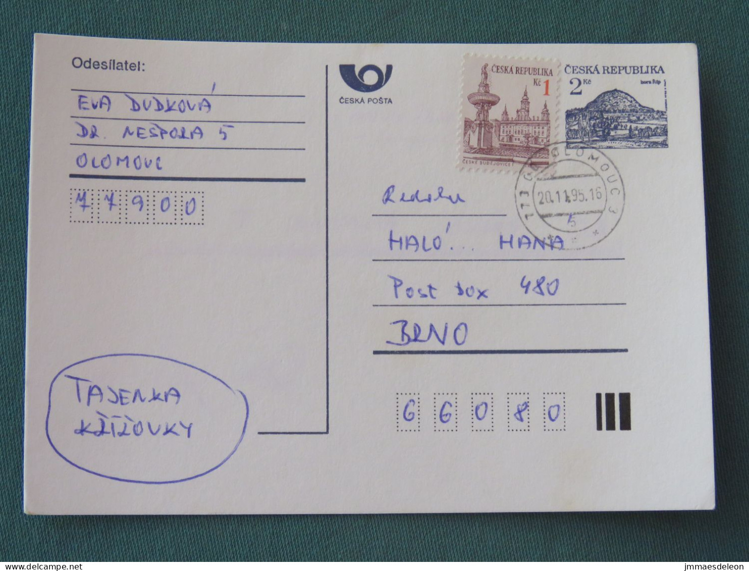 Czech Republic 1995 Stationery Postcard Hora Rip Mountain Sent Locally - Covers & Documents