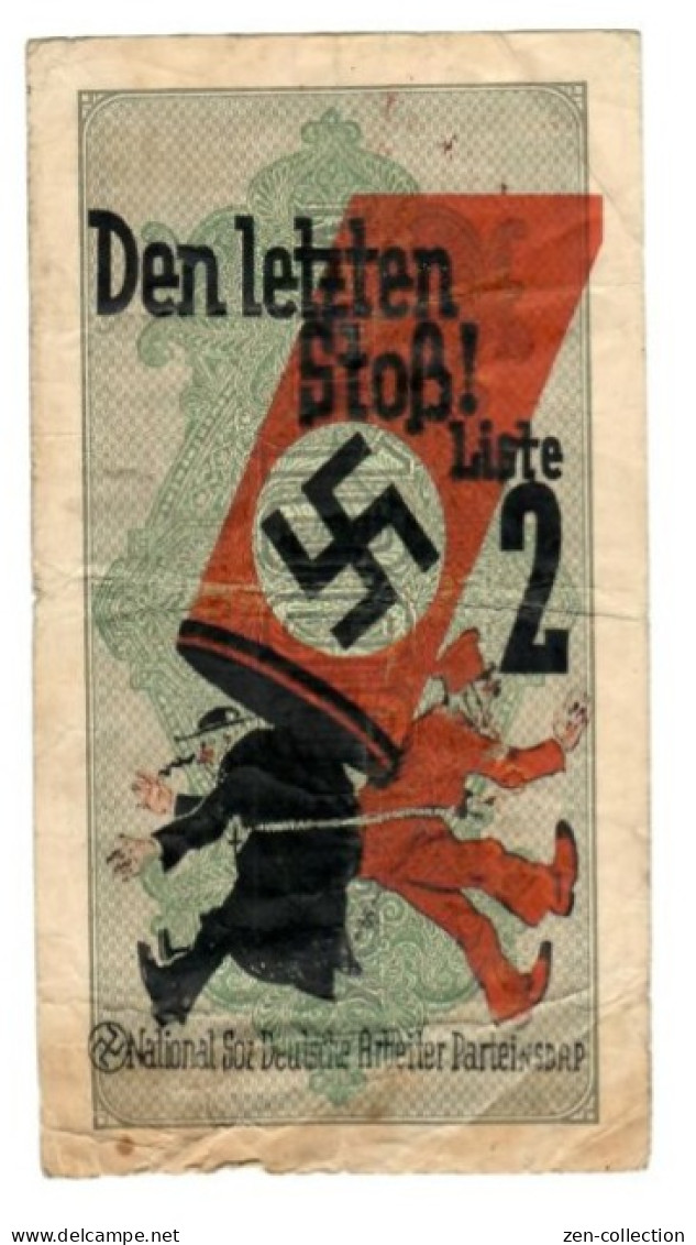 COLOR WW2 Germany Nazi Propaganda FORGERY Overprint On Genuine 1000 Mark 1923 Banknote VF- (tears) - Sonstige & Ohne Zuordnung